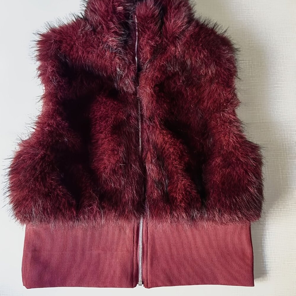 Burgundy Faux Fur Sleeveless Zip Jacket | High Collar Cropped Vest | XXL (14) - Picture 6 of 9